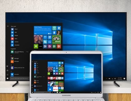 PC laptop connected to Samsung TV using screen sharing