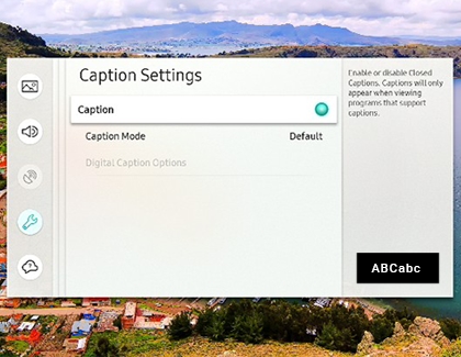 Samsung TV with Caption Settings menu and captions turned on