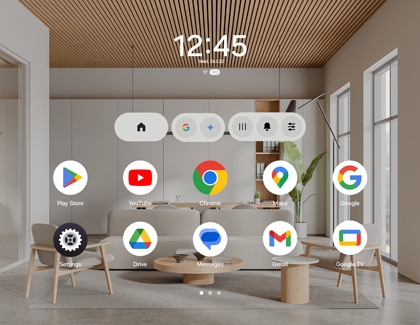 Galaxy XR Launcher screen showing app icons like Chrome and YouTube in a virtual room environment