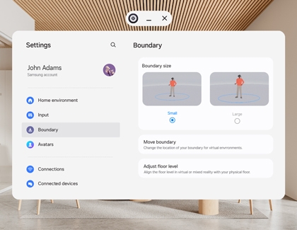 Galaxy XR settings screen showing Boundary menu with boundary size and floor level options.