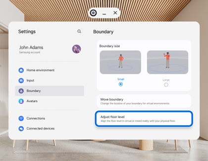 Galaxy XR settings screen showing Adjust floor level option highlighted in Boundary settings.