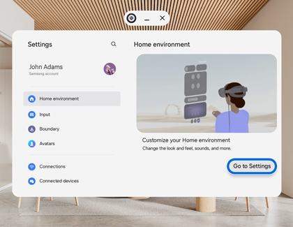 Galaxy XR settings screen showing Home environment options with Go to Settings button highlighted.