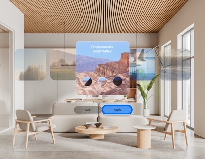 Galaxy XR interface showing selectable virtual environments with Apply button highlighted.