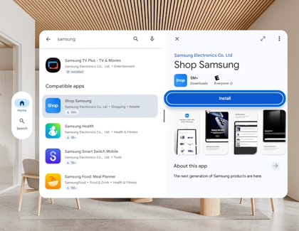 The Install button highlighted for an app in the Play Store on the Galaxy XR.