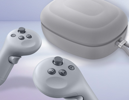Galaxy XR controllers and carrying case on a light background.