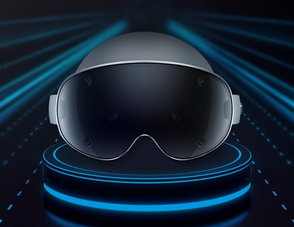 Galaxy XR headset displayed on a futuristic blue-lit platform.