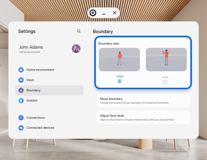 Galaxy XR settings screen showing Boundary menu with boundary size options highlighted.