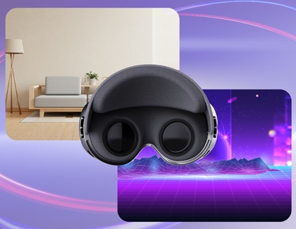 Galaxy XR headset lenses shown with real and virtual environment backgrounds.