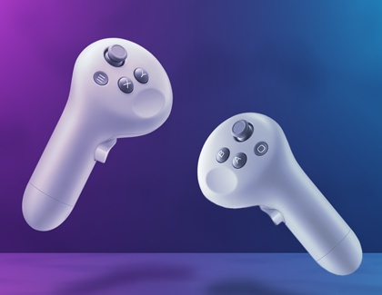 Two Galaxy XR controllers floating on a gradient background.