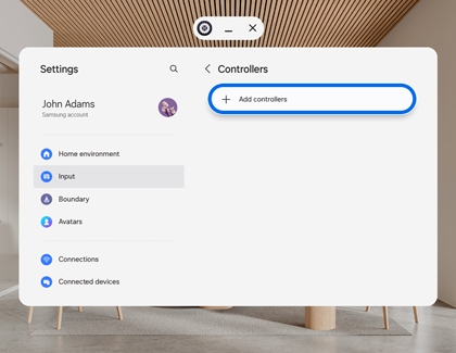 Settings screen in the Galaxy XR interface highlighting the option to add controllers.