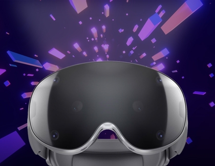 Galaxy XR headset displayed with colorful digital effects in the background.