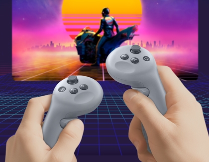 Hands holding Galaxy XR controllers in front of a vivid virtual background.