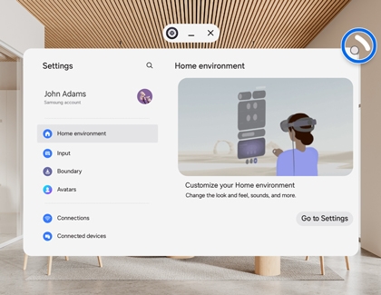 Galaxy XR settings screen showing Home environment menu with an edge of a window highlighted.