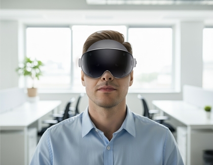 Person wearing a Galaxy XR headset in an office setting.
