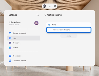 Galaxy XR settings screen showing Pair new optical inserts option.