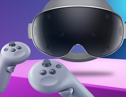 Galaxy XR headset with two controllers on a colorful background.