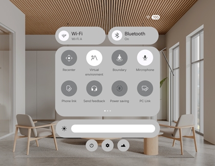 Galaxy XR quick settings panel showing Wi-Fi, Bluetooth, and other shortcuts.