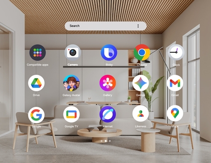 Galaxy XR app tray displaying installed apps like Camera, Gallery, and Gmail.