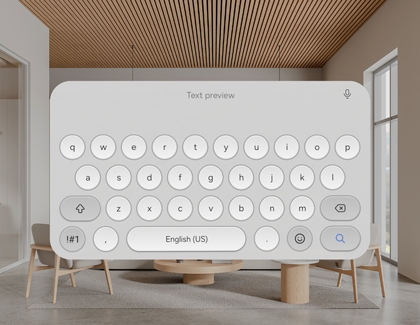 Virtual keyboard displayed in Galaxy XR environment for text input.