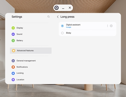 Galaxy XR settings screen showing Long press options for selecting a digital assistant.