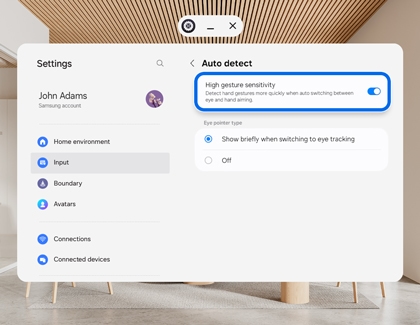 High gesture sensitivity option highlighted in the Galaxy XR Auto detect settings screen.