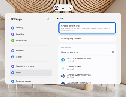 Galaxy XR Settings screen showing the Choose default apps option highlighted.