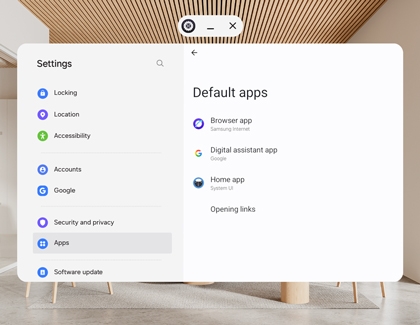 Galaxy XR Settings screen showing the Default apps list.