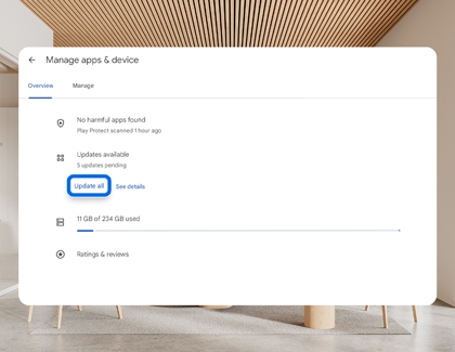 Check for app updates screen on Galaxy XR showing the Update all button highlighted.