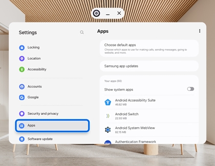 Galaxy XR Settings screen showing the Apps menu highlighted.