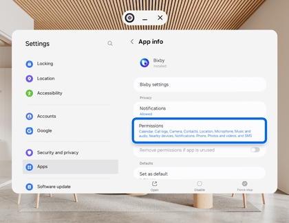 Galaxy XR App info screen showing the Permissions section highlighted.