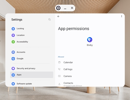 Galaxy XR App permissions screen for Bixby with the list of allowed permissions displayed.