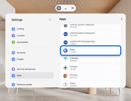 Galaxy XR Settings screen showing the Bixby app highlighted in the Apps list