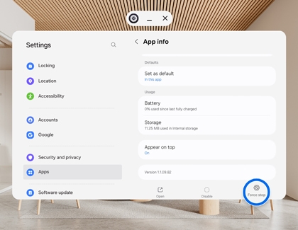 Galaxy XR App info screen showing the Force stop button highlighted