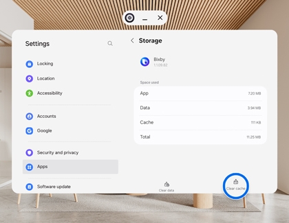 Galaxy XR Storage screen showing the Clear cache button highlighted