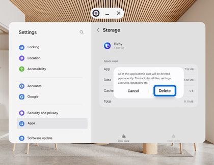 Galaxy XR Storage confirmation popup showing the Delete button highlighted