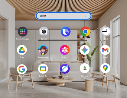 Finder search bar highlighted on the Galaxy XR home screen.