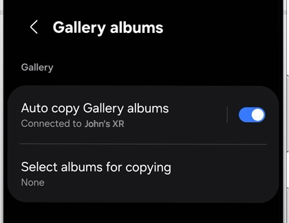 A Galaxy phone showing the Gallery albums sync settings for the connected Galaxy XR.