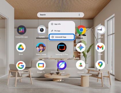 Apps screen showing the options menu for the Samsung TV Plus app with the Uninstall App option highlighted.