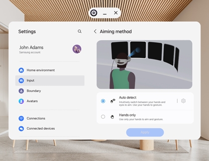 Settings menu showing aiming method options on the Galaxy XR headset.