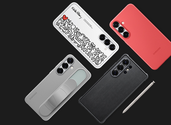 Four Galaxy S25 Series devices arranged diagonally in a flat lay are seen from the rear. Clockwise from top right, Galaxy S25 plus is seen with Silicone Case in Red installed. Next, Galaxy S25 Ultra is seen with Rugged Case in Black installed and S Pen next to it. Then, Galaxy S25 plus is seen with Standing Grip Case in Gray installed and another Galaxy S25 plus is seen with the flip card of the Flipsuit Case with Keith Haring graphics installed.