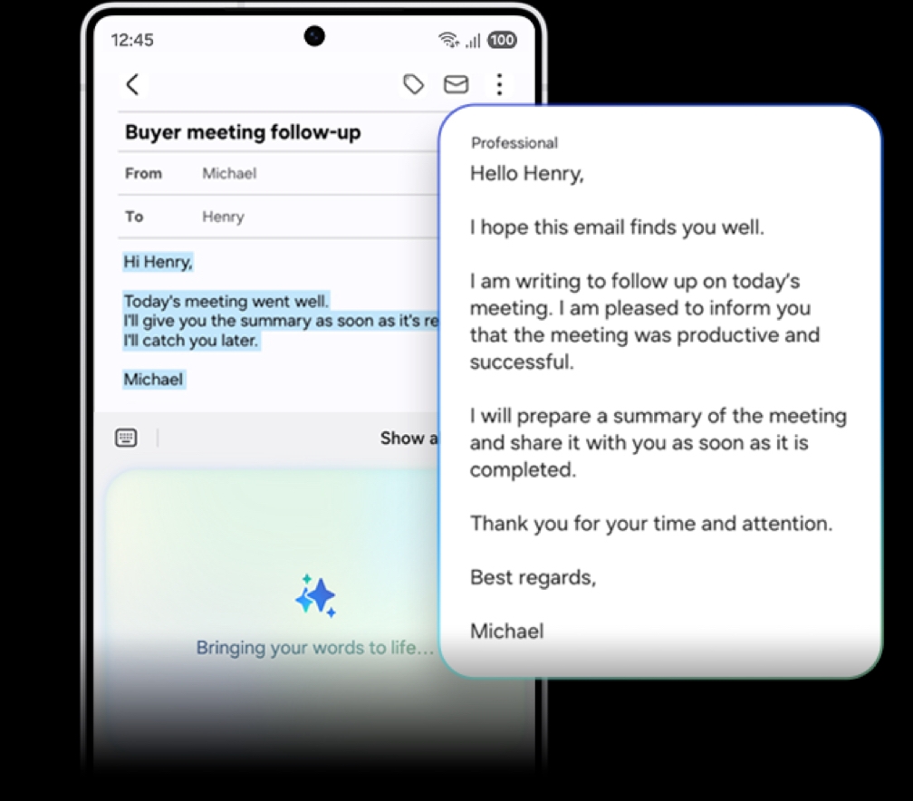 Galaxy S25 Ultra is seen from main screen. Now Brief is active. The Morning brief shows today's Energy Score which has also been synced to Galaxy Watch.