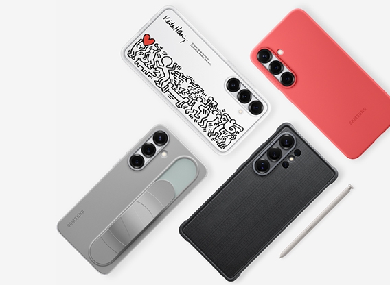 Four Galaxy S25 Series devices arranged diagonally in a flat lay are seen from the rear. Clockwise from top right, Galaxy S25 plus is seen with Silicone Case in Red installed. Next, Galaxy S25 Ultra is seen with Rugged Case in Black installed and S Pen next to it. Then, Galaxy S25 plus is seen with Standing Grip Case in Gray installed and another Galaxy S25 plus is seen with the flip card of the Flipsuit Case with Keith Haring graphics installed.