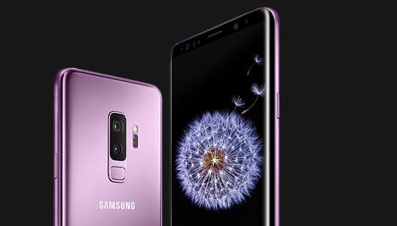 Galaxy S9+ seen from the rear next to Galaxy S9+ with a dandelion on-screen