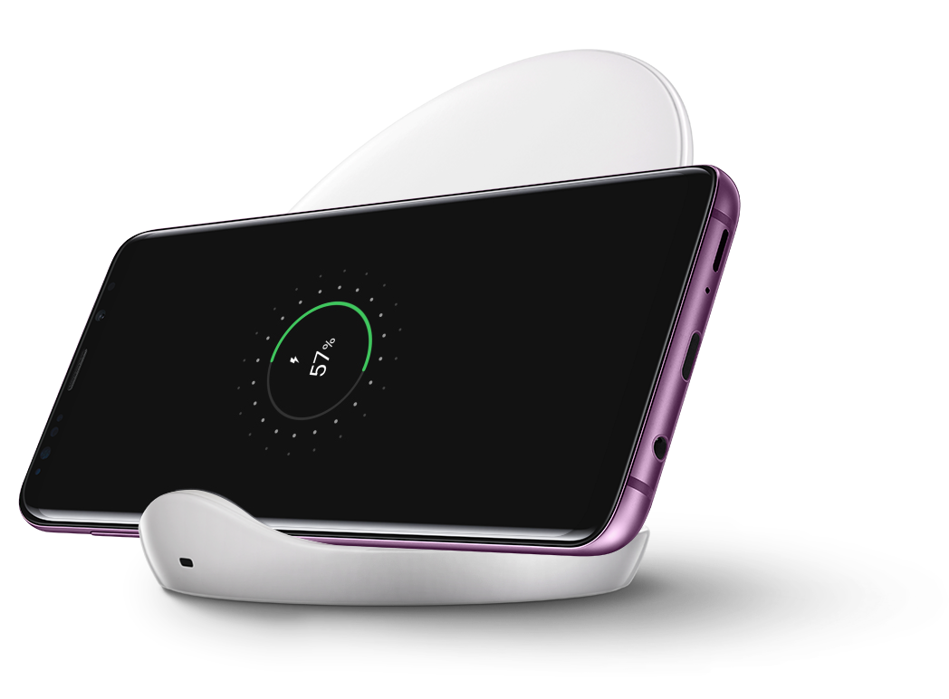 Galaxy S9+ on Wireless Charger Stand in White