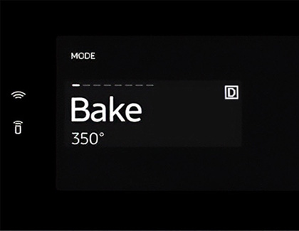 Close-up view of a Samsung oven's control panel displaying “Bake” and “350°F”