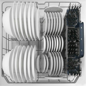 Dishwasher lower rack loaded with plates, serving bowls, and utensils
