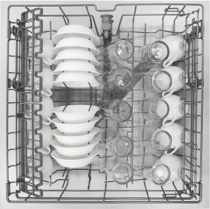 Dishwasher upper rack loaded with small bowls, mugs, and drinking glasses