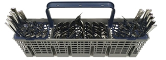 Dishwasher cutlery basket loaded with forks, knives, and spoons