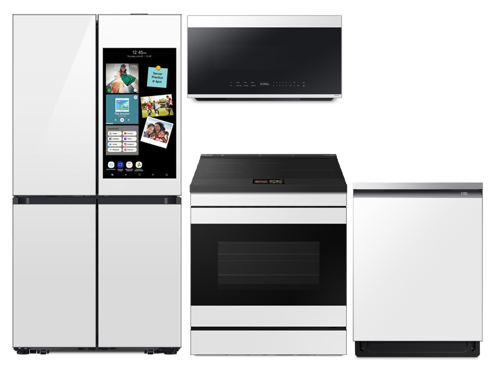 Bespoke White Glass Induction Kitchen Package with 4-Door Flex Refrigerator with AI Family Hub™+ and AI Vision Inside™