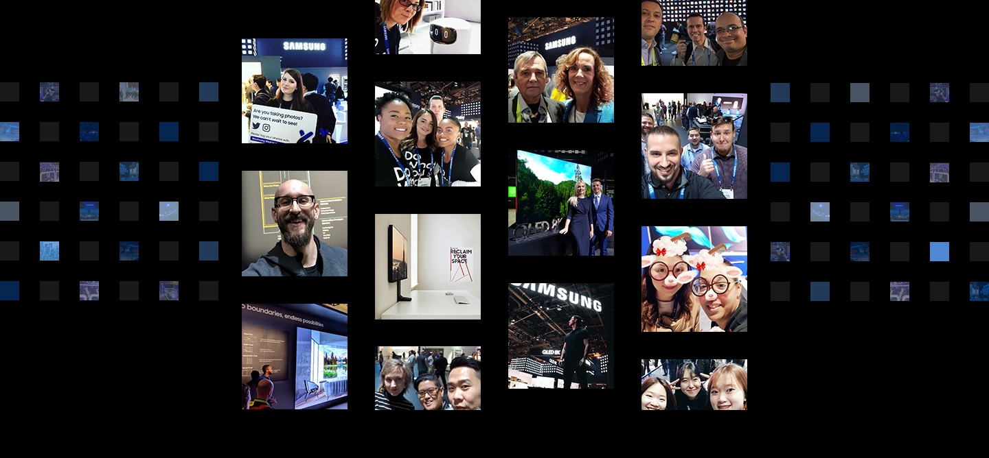 14 social media post photographs are displayed in front of a digital cube background from the 'Samsung City' theme at CES 2019.